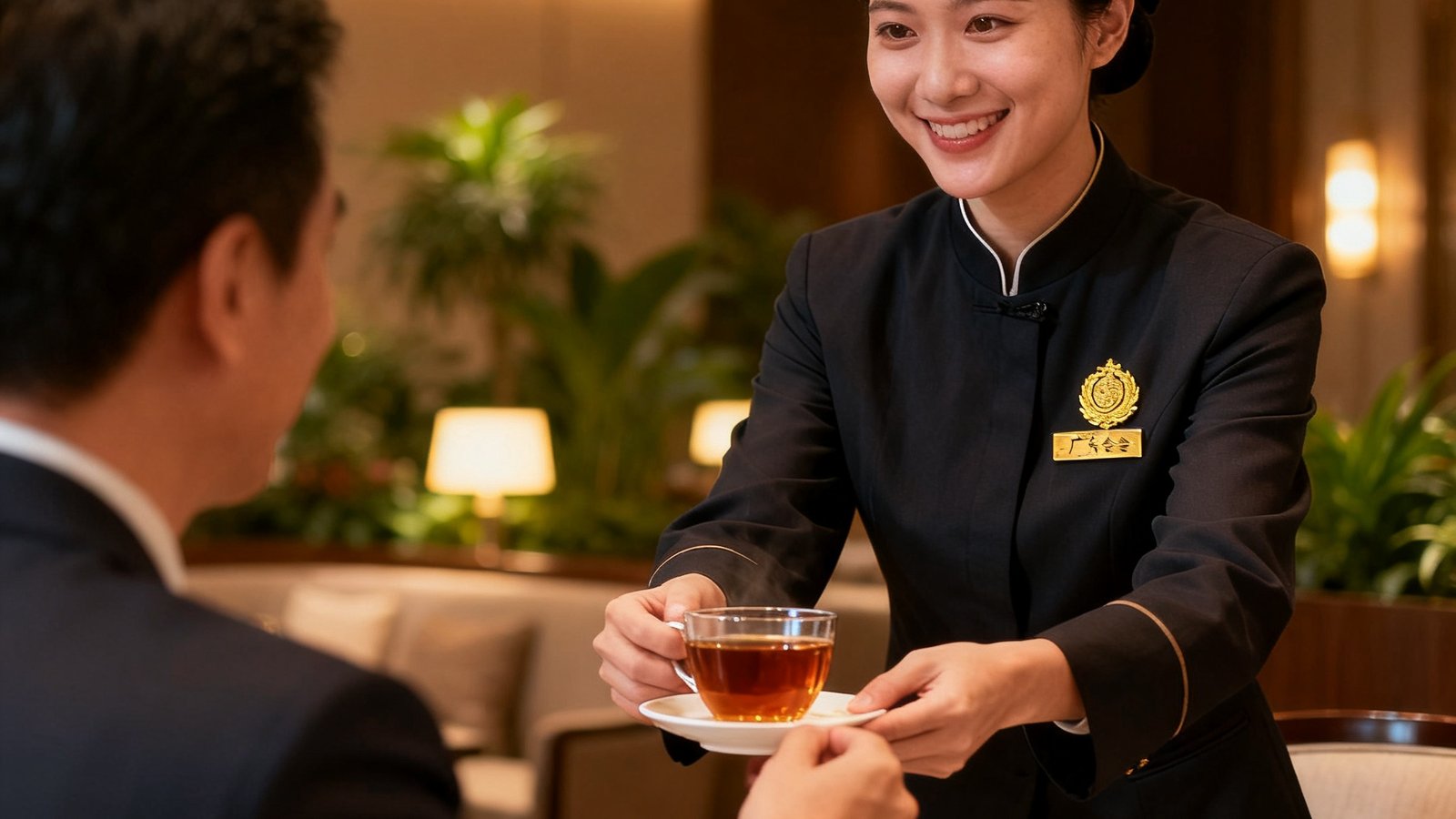 一位穿着深色制服的广东会专属管家正微笑着向商务宾客递上一杯热茶，背景是贵宾厅内柔和的灯光和绿植装饰，管家胸前佩戴金色徽章。