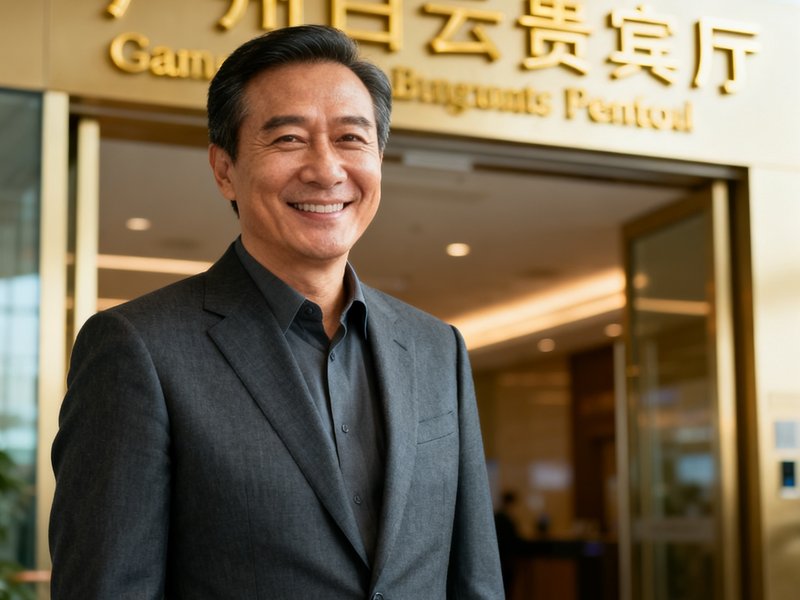 广东会贵宾厅集团创始人陈启明先生，五十岁左右，穿着深灰色西装，站在广州白云机场贵宾厅入口处，面带微笑，身后可见贵宾厅的金色标识。